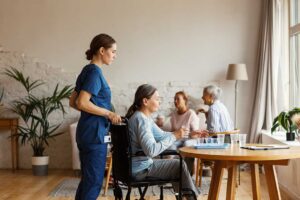 Older adults and family members organizing belongings together in a bright, cozy living room.